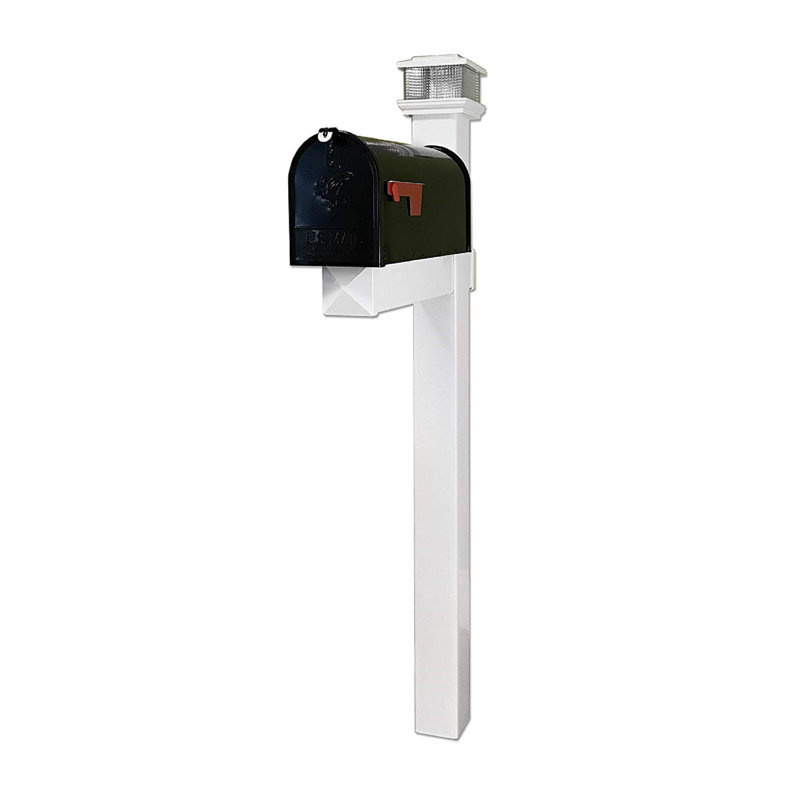 Galaxy White Vinyl Mailbox Post with Black Steel Mailbox and Solar LED Cap