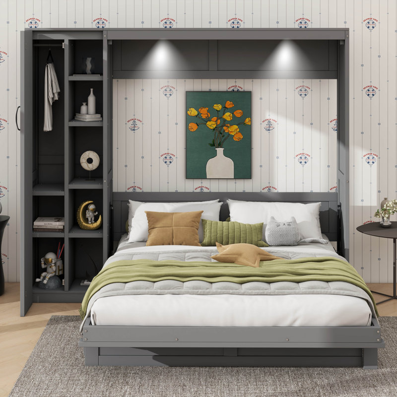 Grand lit escamotable mural avec tablettes intégrées, garde-robe et éclairage DEL