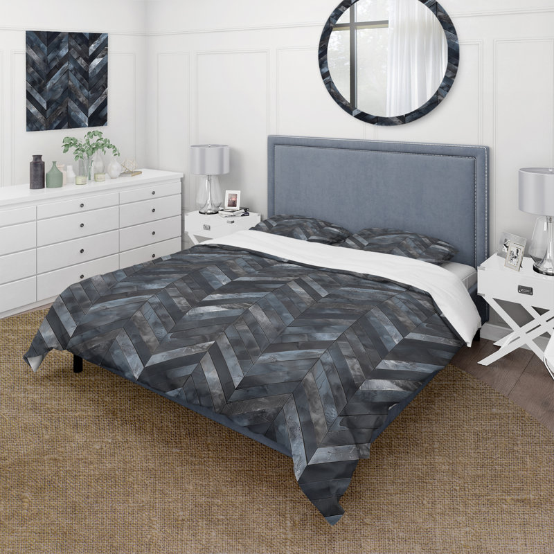 Black Herringbone Print II - Ensemble de housse de couette traditionnel, Housse de couette simple et deux taies décorative