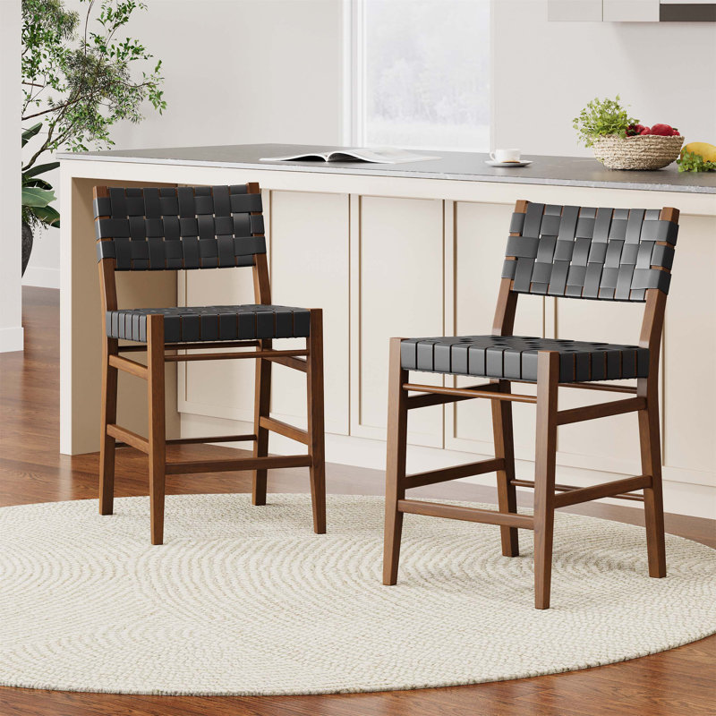Ensemble de 2 tabourets de comptoir 24,25 po Classic en cuir synthétique tissé en croix avec structure en bois d'hévéa durable pour la cuisine et la salle à manger