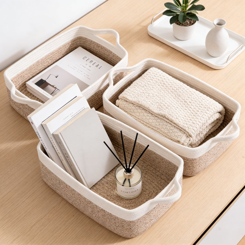 3-Pack Woven Cotton Rope Storage Baskets With Handles, Foldable Rectangular Organizer Bins For Shelves, Closet, And Toy Storage
