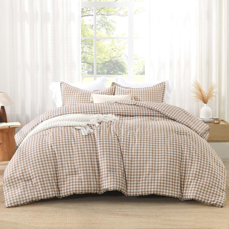 Ensemble d'édredon en vichy brun clair (79 x 90 pouces), ensemble de lit à carreaux brun à carreaux quadrillé pour enfants, 3 pièces de literie en microfibre géométrique légère BCBG