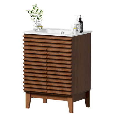 Katie avec évier, évier autoportant Katie de style Mid-Century avec rangement, évier encastré en céramique, structure en panneau de particules avec stratifié grain de bois