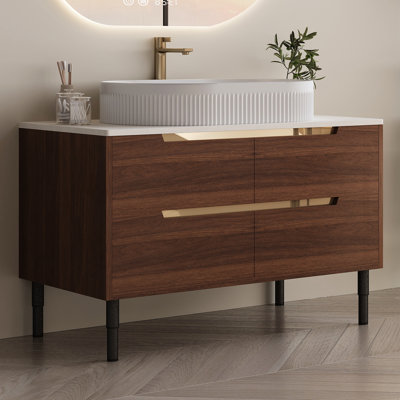 Meuble-lavabo autoportant ou mural de 36 po, lavabo intégré en céramique, 4 tiroirs à fermeture en douceur, pieds réglables, plateau en placage de polymère, idéal pour les salles de bain de style champêtre et contemporain