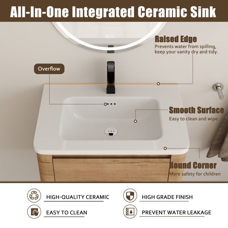 Ensemble de meuble-lavabo simple 28 po avec plateau en céramique Walden, 28", Imitation chêne