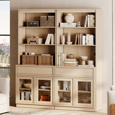 Modern 72" Tall Bookshelf with Glass Doors and Adjustable Shelves, Library Bookcase with Storage Cabinet and Drawers, Wood Book shelf for Home Office, Living room