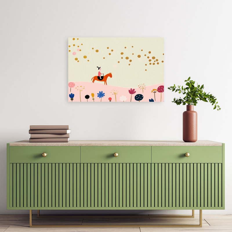 Little Girl'S Golden Ride Dreamy Serene Whimsical Horse Flower Nature Wall Art Print 1 Piece Wrapped Canvas Wall Art