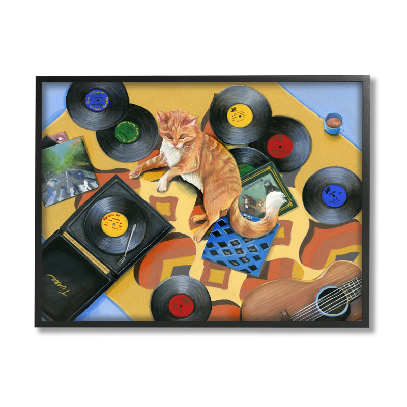 Chat et tourne-disque rétro par Hannah Spiegleman, H 16 po x l 20 po x P 1,5 po, Giclée encadrée noir minuit