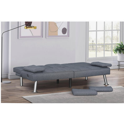 Modern Gray Fabric Upholstered Convertible Futon Sofa Bed with USB Ports & Drop-Down Cupholders Living Room Furniture