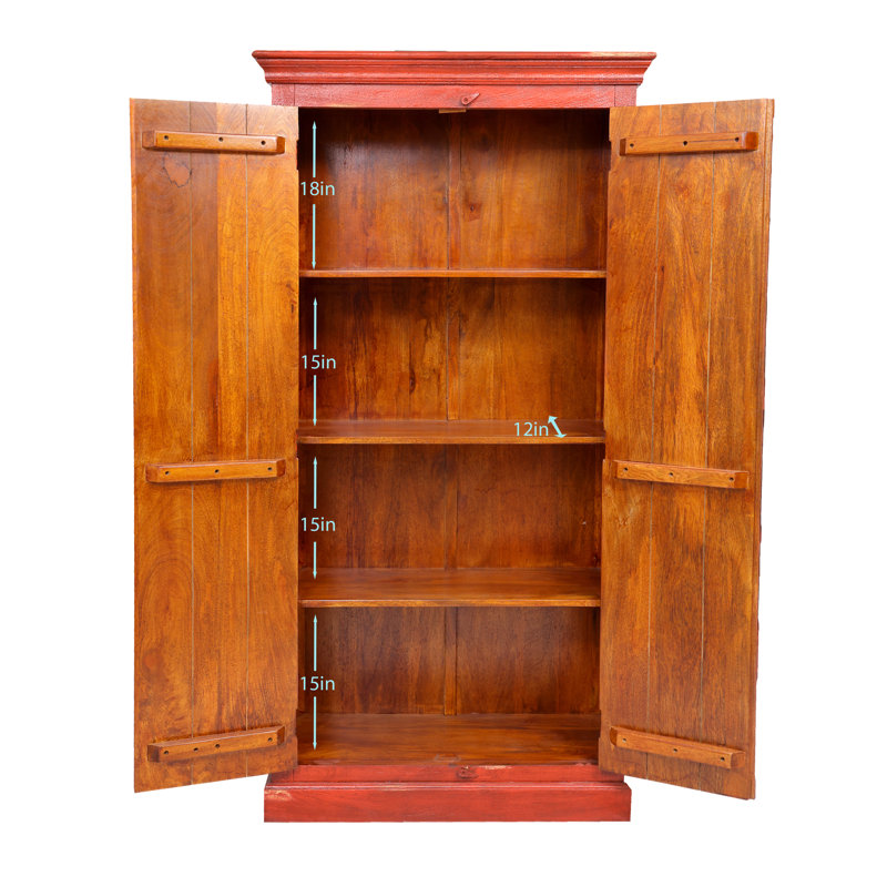 Armoire Cameren rouge antique en bois massif sculpté à la main, à deux portes, motif paon, Rouge