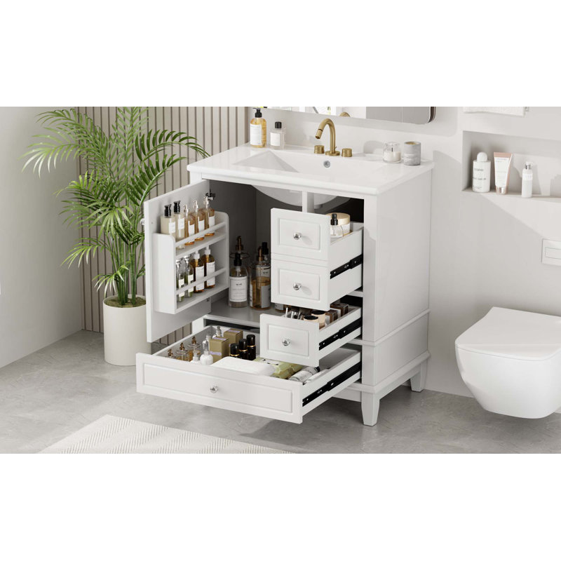 Bathroom Vanity with Sink, One Door with Shelf and Three Drawers, Soft Close Door, White