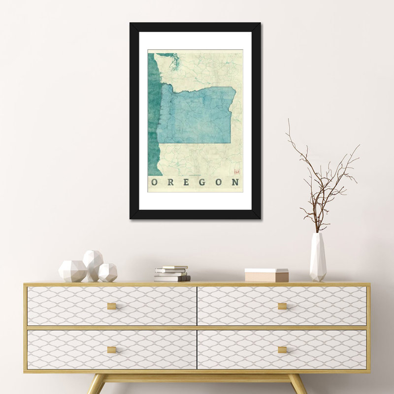 «Oregon Map», impression sur toile, H 24 po x l 16 po x P 1 po, Papier d'art encadré noir, Blanc