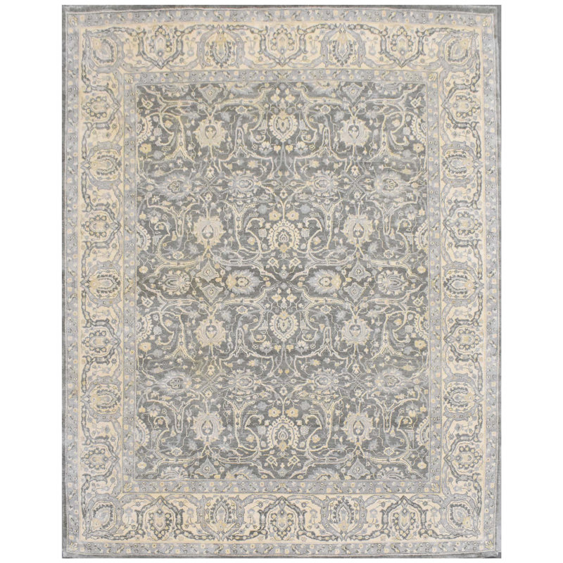 Tapis oriental rectangulaire en laine noué à la main gris / beige / jaune, Rectangle 8 pi x 10 pi