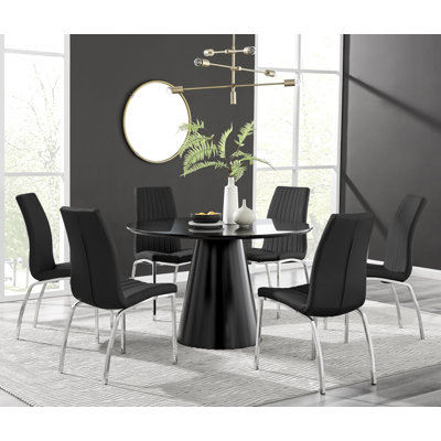 Edward Statement Pedestal Dining Table Set with 6 Luxury Faux Leather Upholstered Dining Chairs -  East Urban Home, 9600D8E4D71E433BBE72E23F667F6B44