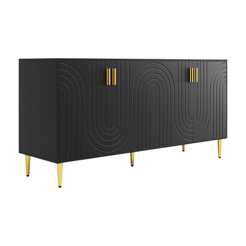 Sideboard With Unique Wave Design And Golden Handles And Feet, Black