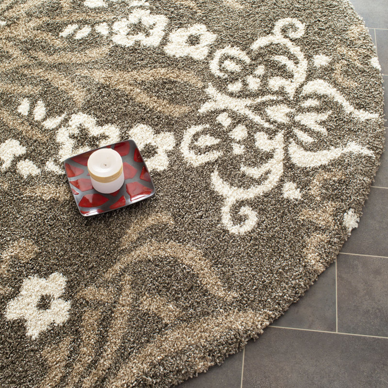 Tapis beige à motif floral Ellyona, Rond 4 pi