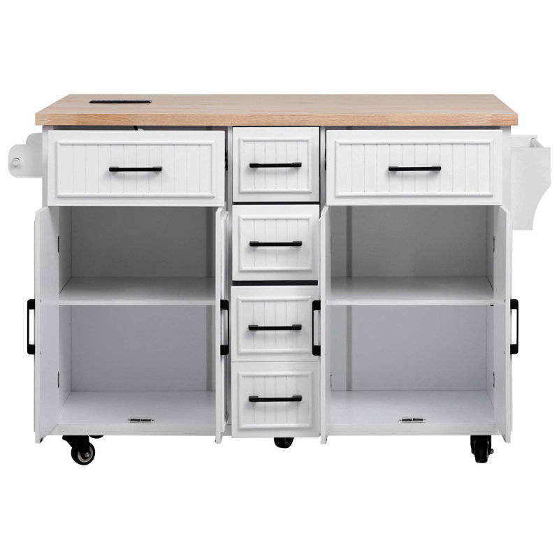 Îlot de cuisine 56,5 po K&K avec rallonge, prise de courant, chariot de cuisine sur roulettes à rayures verticales en relief avec 4 portes, 5 tiroirs profonds et tablettes réglables, pour la cuisine, la salle à manger, blanc