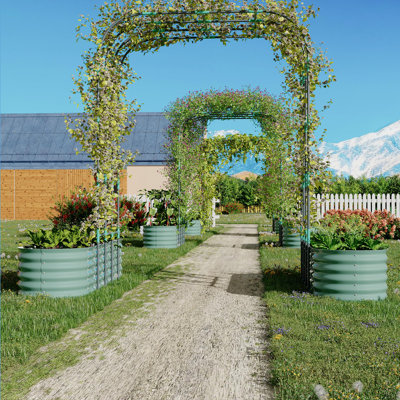 Jardin surélevé avec treillis arqué, boîtes à fleurs ondulées en métal pour plantes grimpantes, légumes et fleurs, vert résistant aux intempéries