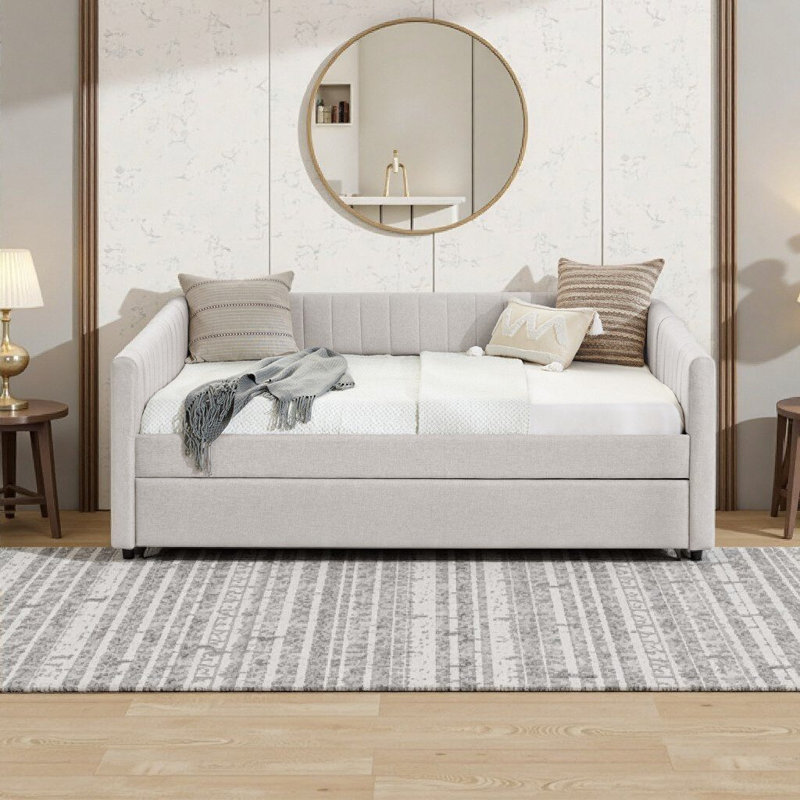 Beige Linen Full Size Daybed with Trundle Upholstered Sofa Bed, Vertical Stripes | 82.5"x58"x30" | Easy Assembly for Bedroom or Living Space