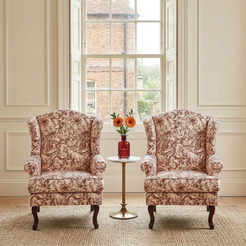 Duward Upholstered Rococo Orange Chenille Wingback Accent Chair with Rolled Arm and Solid Wood Leg (Set of 2)