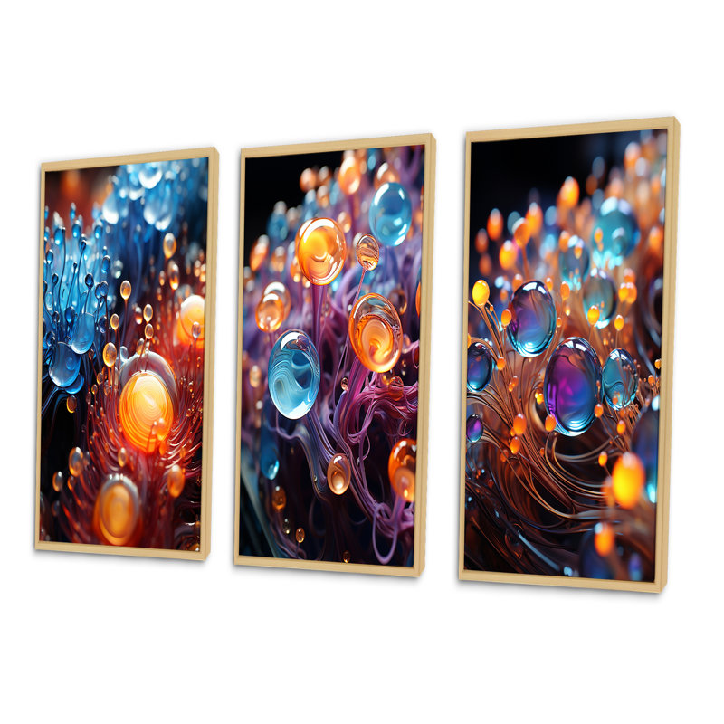 3D Molecules Macro Photography - Abstract Shapes Art Set Of 3 Pieces, Encadré naturel, H 20 po x l 36 po