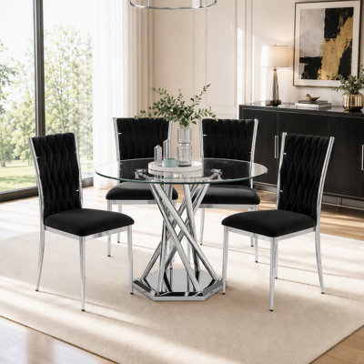 38.9" Round Glass Dining Table set for 4, 5-Pieces Round Dining Table Set, Clear Glass Dining Table set with 4 Velvet Upholstered Chairs, for Kitchen, Dining Room, Apartment