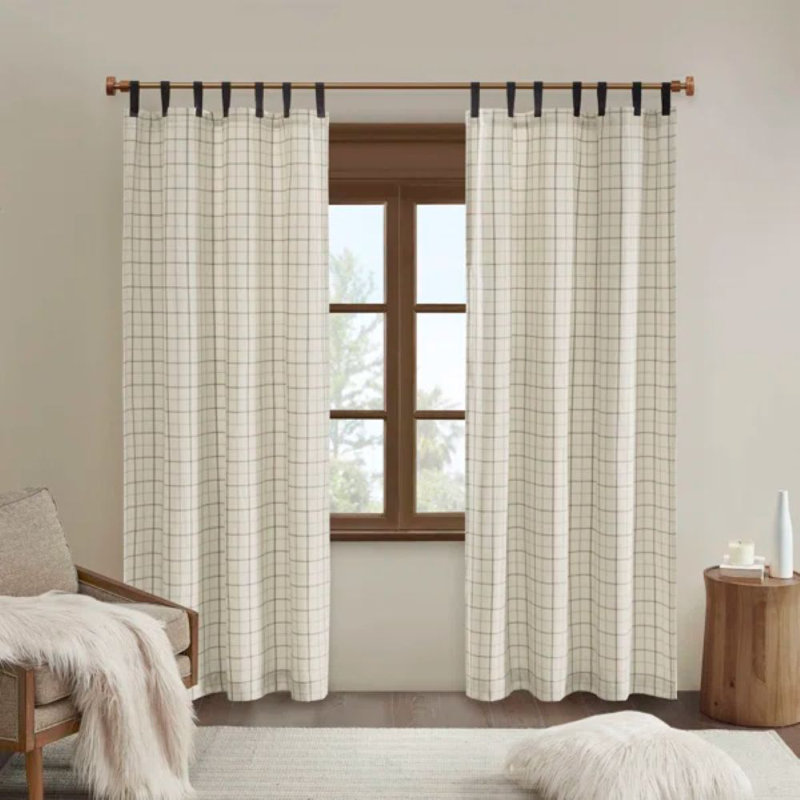 Anaheim Natural Plaid Faux Leather Tab Top Single 50x108" L Curtain Panel with Fleece Lining, Natural, 50" W x 108" L