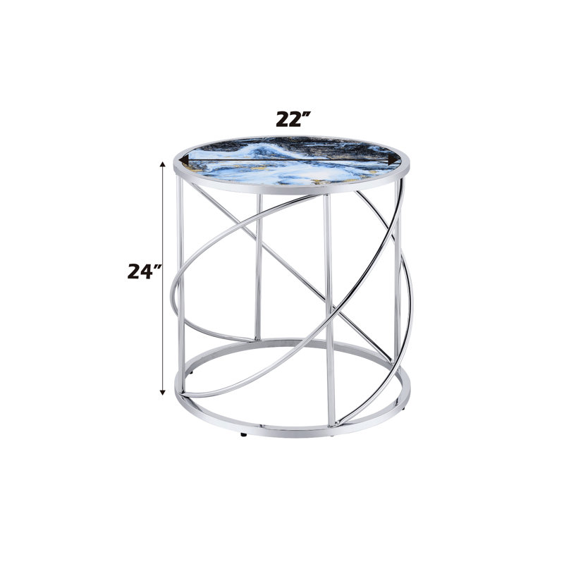 Table de bout en métal avec imprimé marbré bleu et base en verre complexe à thème en verre transparent
