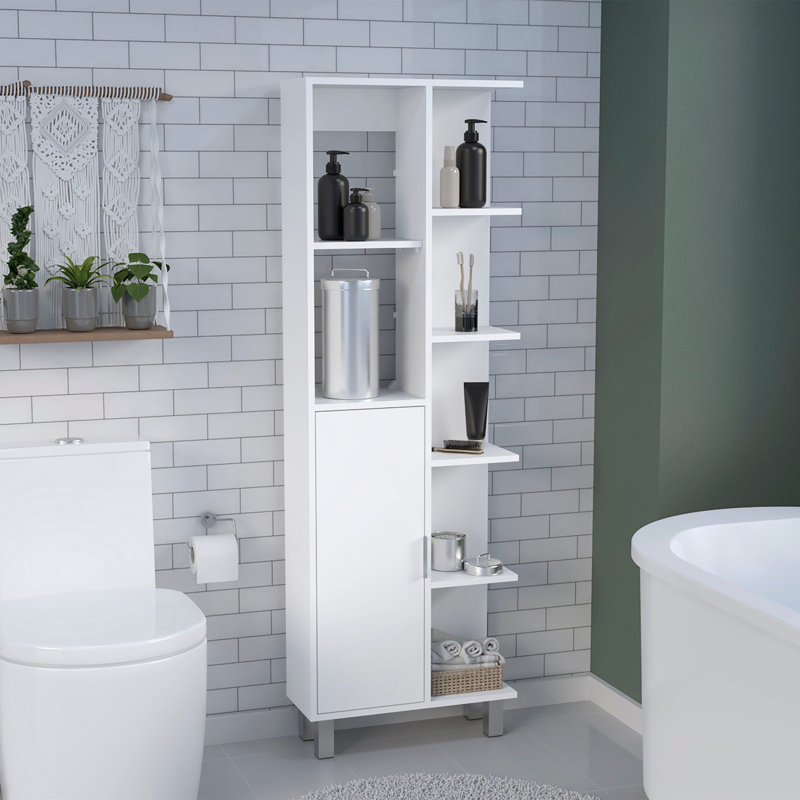 Armoire de salle de bain H 63 po en lin avec sept tablettes ouvertes, un tiroir et quatre pieds Mott, blanc