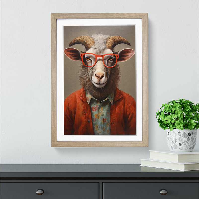 Ram Sheep With Glasses Painting - Single Picture Frame Print on Wood, Oak Framed, 46cm H x 34cm W x 2cm D
