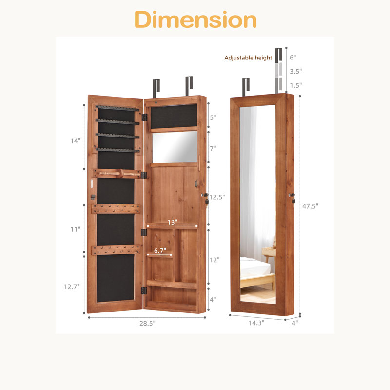 Armoire pour armoire à bijoux en bois massif avec miroir pleine grandeur, verrouillable au mur 47,5 x 14,3 po avec lumière DEL