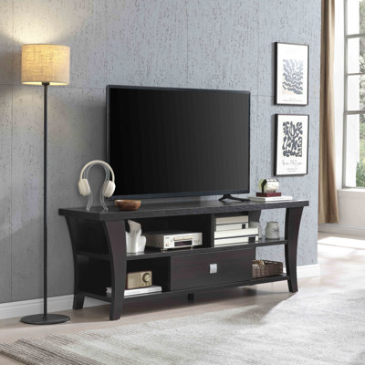 Meuble télé avec pieds incurvés, un tiroir sur glissières en métal, poignée carrée en métal, conception moderne, tablette divisée, deux casiers sur place