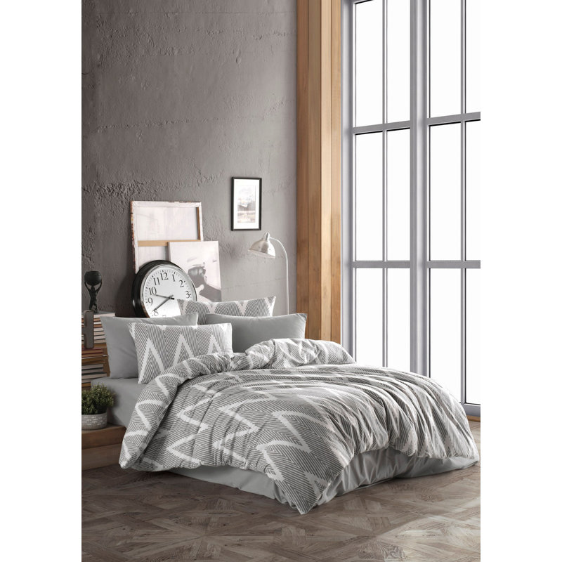 Ensemble de housse de couette en coton et polyester doux, gris et blanc | Comprend une housse de lit et une taie d'oreiller 20 x 31 | 120 fils au pouce carré, lavable à la machine | Enveloppe élégante et fermeture à boutons pour une utilisation facile