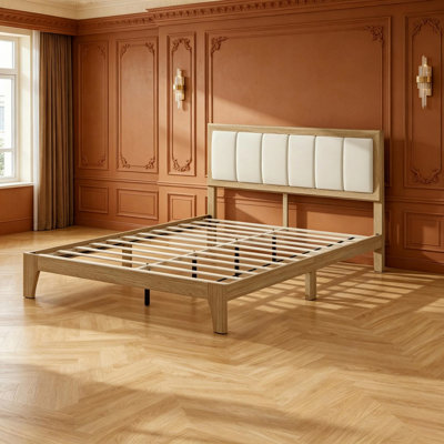 Wooden Bed Frame with Upholstered Headboard