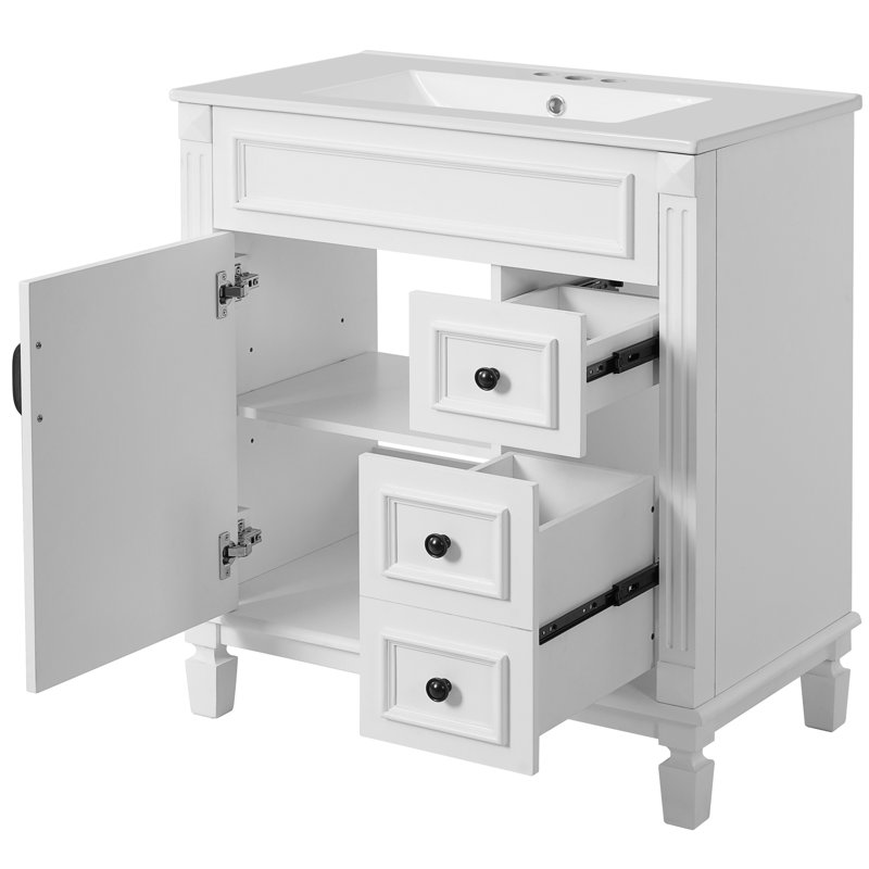 Meuble-lavabo de 30 pouces avec lavabo en céramique, 2 tiroirs et tablette réglable - Rangement pratique dans une petite armoire