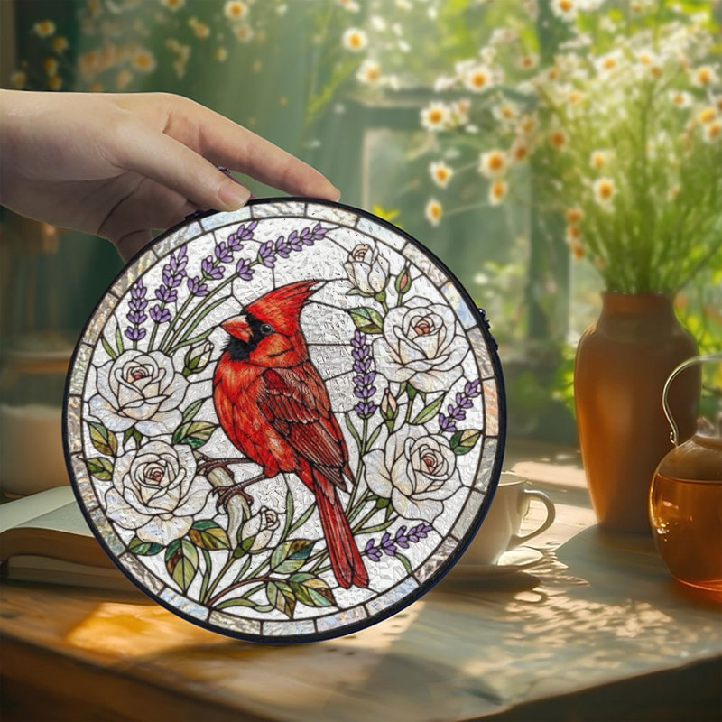 Oiseau cardinal rouge (10) vitrail pour fenêtre, 7,8 x 7,8 po (20 x 20 cm)