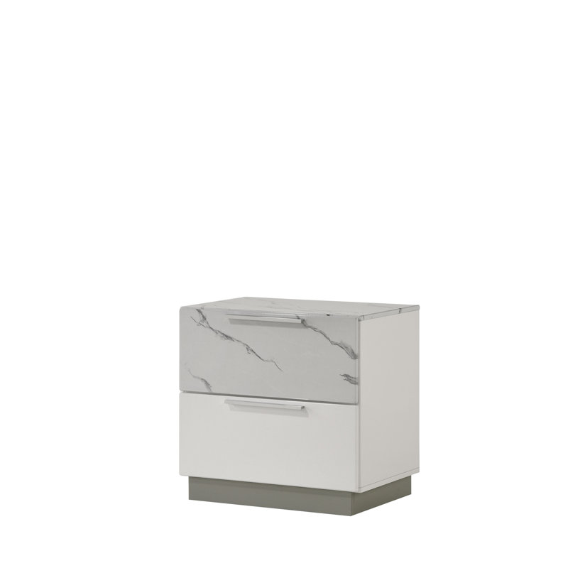 Table de chevet avec table de chevet Mist au look moderne, laque blanche et marbre, deux tiroirs, conception compacte pour chambre à coucher avec plateau doublé de velours rouge, pièce de rangement