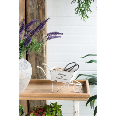 Antique White Distressed Iron Wheelbarrow Planter Of 11.5x4x7 Inches, Suitable For Displaying Small Faux Plants On Countertop Succulents