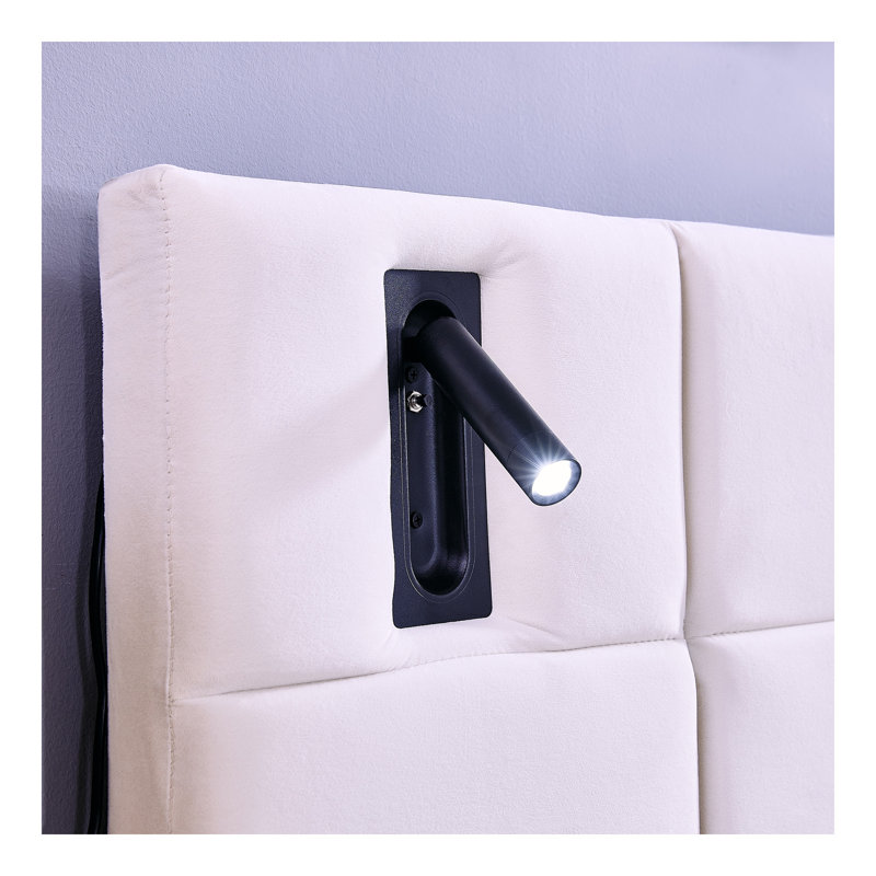 Très grand lit plateforme tapissier hydraulique en velours avec 2 tablettes, 2 lampes de lecture et port USB, beige, White