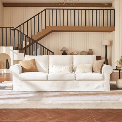 89" Slipcovered Classic Sofa with Rolled Arms and Deep Seats, 3-Seater Couch for Living Room