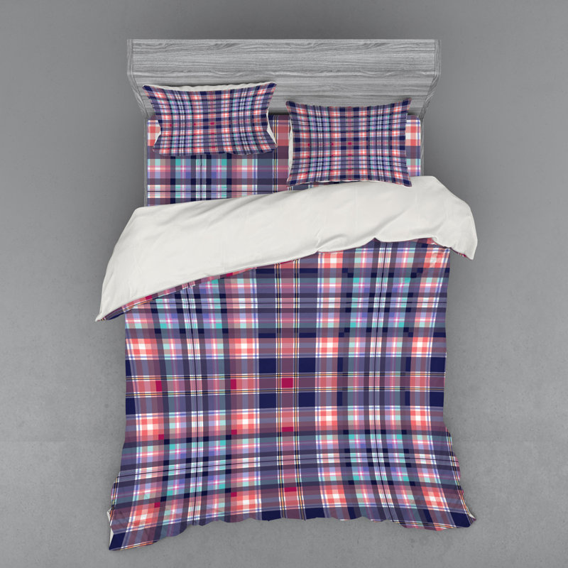 Ensemble de housse de couette à carreaux en microfibre bleu marine / rose, Housse de couette grand + 3 pièces supplémentair