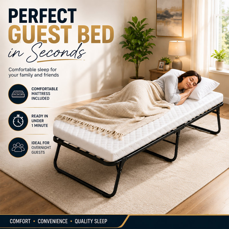 14″ High Folding Guest Bed with 3″ Memory Foam Mattress – Sturdy Metal Frame, Easy Access for Seniors, Underbed Storage, Comfortable Bed for Guests, 36″ Wide