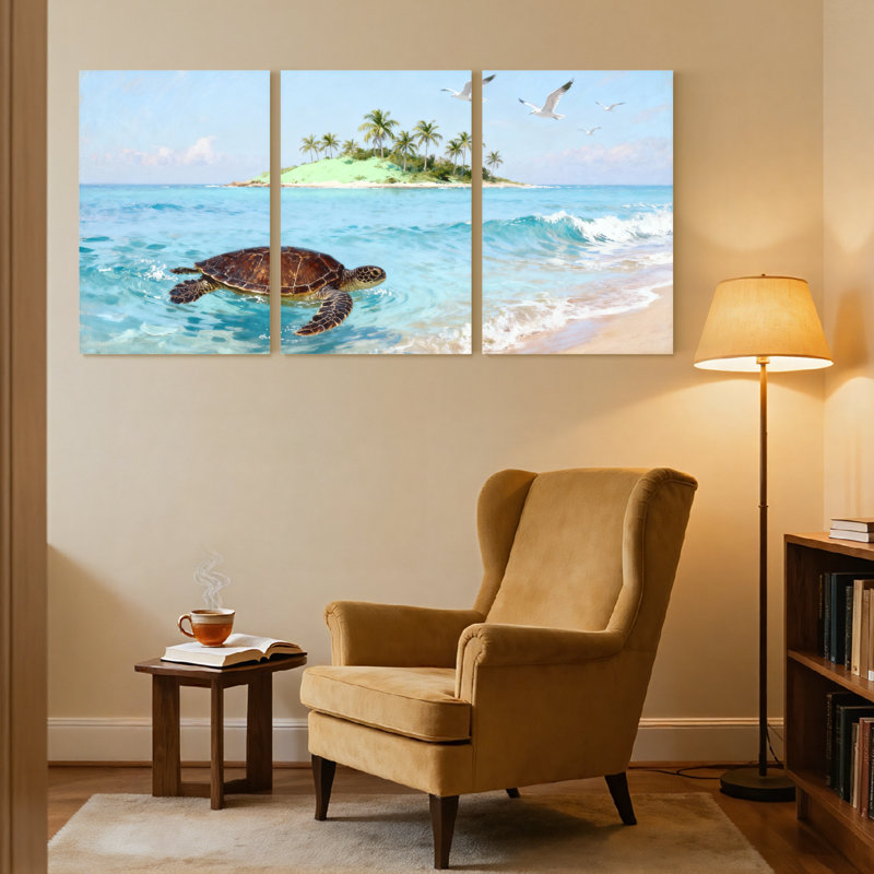 Tortue de plage nageant près d'une île tropicale, ensemble de 3 reproductions d'art sur toile, H 24 po x l 48 po