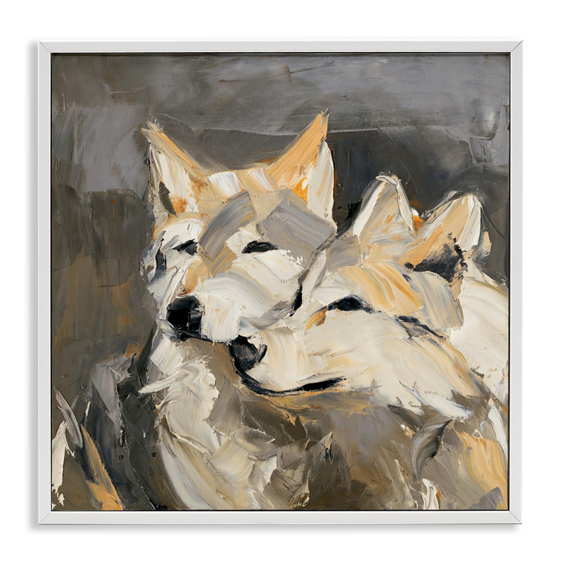 «Cuddling Wolf pair» par Julie Denise, Estampe numérique encadrée blanc bord de mer, H 12 po x l 12 po