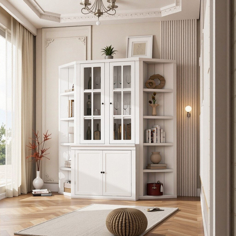 Vitrine de 75,25 po de hauteur avec deux tablettes triangulaires et armoire de rangement de 69,25 po de largeur avec portes en verre trempé