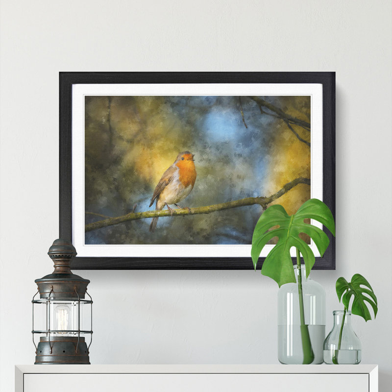 Robin Bird in a Tree - Picture Frame Painting Print on MDF, 62cm H x 87cm W x 2cm D, Black Framed