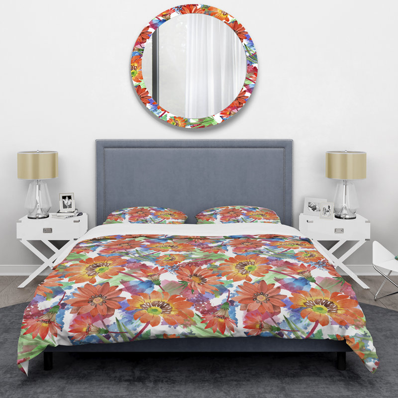 Ensemble de housse de couette orange en microfibre orange Gazania Flowers, Housse de couette simple + 1 taie décorative stan