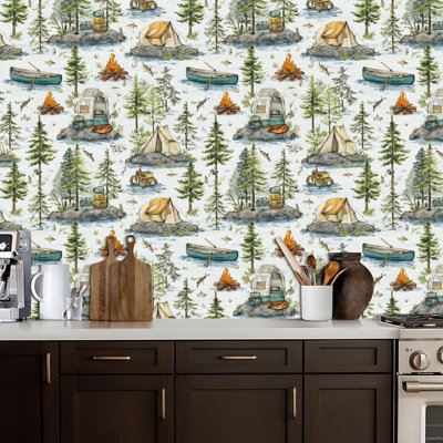 Peler et coller le papier peint, camping, canots de pêche, tentes, arbres à aquarelle, papier contact de style amovible, adhésif mural, décoration murale pour armoires de cuisine de chambre à coucher, 118 po