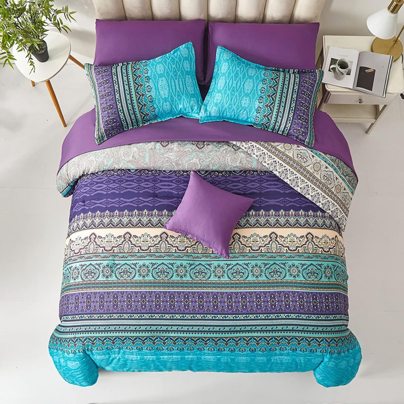 Ensemble d'édredon Boho Floral - ensemble de literie toutes saisons en microfibre moelleuse rayée turquoise