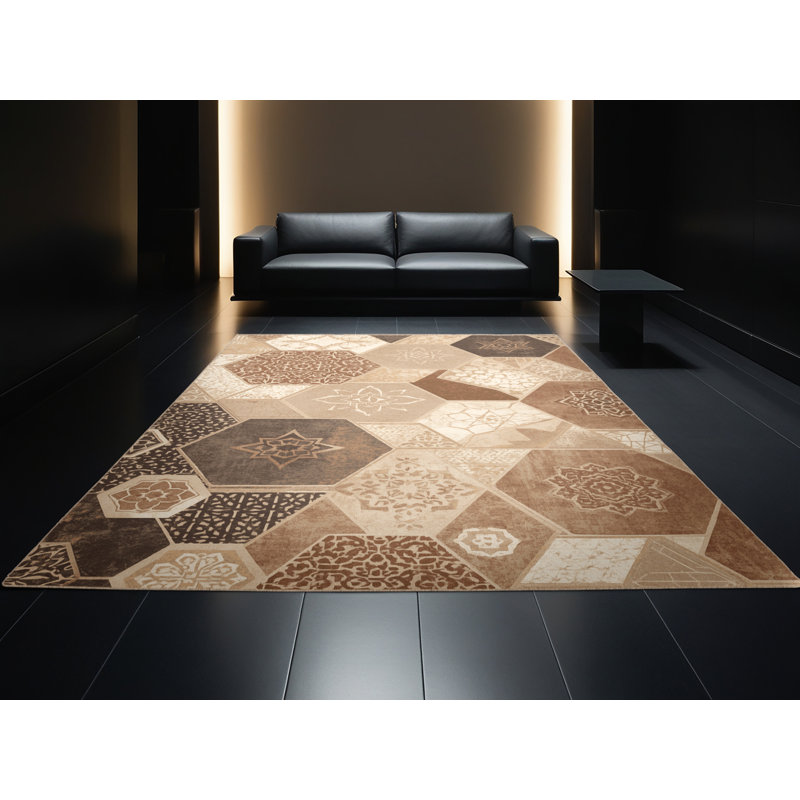Machine Washable Penola Global Inspired Moroccan Rug in Brown – Beige Binding, 7' Square